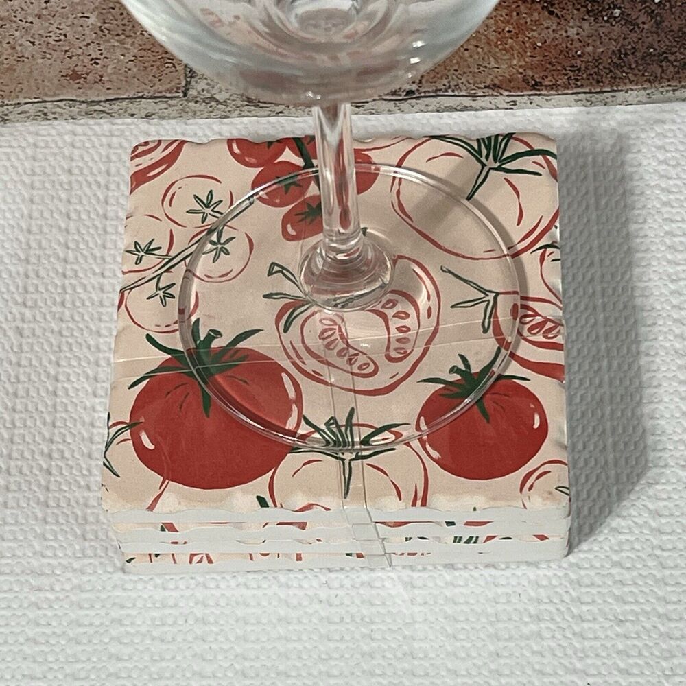 Set of 4 TOMATO Stone Coasters Square Multi Cork Base Italian Kitchen Farmhouse